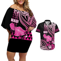 Hawaii Maui Upena Kiloi Couples Matching Off Shoulder Short Dress and Hawaiian Shirt Kakau Tribal Pattern Pink Version LT05 Pink - Polynesian Pride