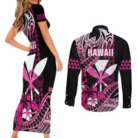 Hawaii Maui Upena Kiloi Couples Matching Short Sleeve Bodycon Dress and Long Sleeve Button Shirt Kakau Tribal Pattern Pink Version LT05 - Polynesian Pride