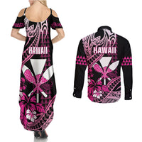 Hawaii Maui Upena Kiloi Couples Matching Summer Maxi Dress and Long Sleeve Button Shirt Kakau Tribal Pattern Pink Version LT05 - Polynesian Pride
