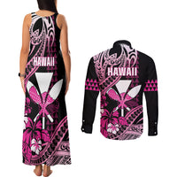 Hawaii Maui Upena Kiloi Couples Matching Tank Maxi Dress and Long Sleeve Button Shirt Kakau Tribal Pattern Pink Version LT05 - Polynesian Pride