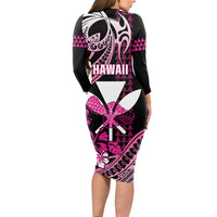 Hawaii Maui Upena Kiloi Long Sleeve Bodycon Dress Kakau Tribal Pattern Pink Version