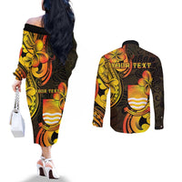Personalised Kiribati Independence Day Couples Matching Off The Shoulder Long Sleeve Dress and Long Sleeve Button Shirt 46th Anniversary