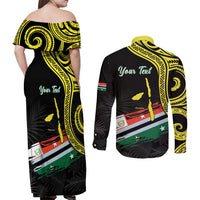 Personalised Vanuatu Penama Day Couples Matching Off Shoulder Maxi Dress and Long Sleeve Button Shirt Grunge Flag Style LT05 - Polynesian Pride