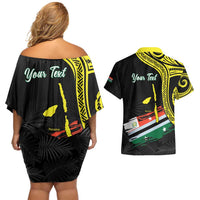 Personalised Vanuatu Penama Day Couples Matching Off Shoulder Short Dress and Hawaiian Shirt Grunge Flag Style - Polynesian Pride