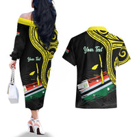 Personalised Vanuatu Penama Day Couples Matching Off The Shoulder Long Sleeve Dress and Hawaiian Shirt Grunge Flag Style - Polynesian Pride