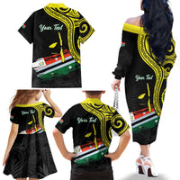Personalised Vanuatu Penama Day Family Matching Off The Shoulder Long Sleeve Dress and Hawaiian Shirt Grunge Flag Style - Polynesian Pride