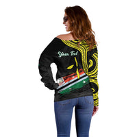Personalised Vanuatu Penama Day Off Shoulder Sweater Grunge Flag Style - Polynesian Pride
