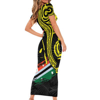 Personalised Vanuatu Penama Day Short Sleeve Bodycon Dress Grunge Flag Style - Polynesian Pride