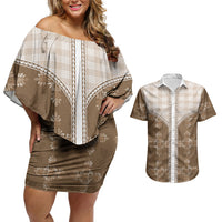 Beige Hawaii Paniolo Quilt Motif Couples Matching Off Shoulder Short Dress and Hawaiian Shirt LT05 Beige - Polynesian Pride