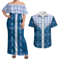 Blue Hawaii Paniolo Quilt Motif Couples Matching Off Shoulder Maxi Dress and Hawaiian Shirt LT05 Blue - Polynesian Pride