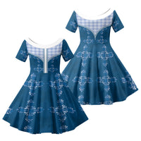 Blue Hawaii Paniolo Quilt Motif Family Matching Off Shoulder Short Dress and Hawaiian Shirt LT05 Daughter's Dress Blue - Polynesian Pride