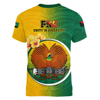 Papua New Guinea Enga Province Women V Neck T Shirt Mix Coat Of Arms Polynesian Pattern LT05 - Polynesian Pride