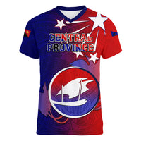 Papua New Guinea Central Province Women V Neck T Shirt Mix Coat Of Arms Polynesian Pattern LT05 Female Blue - Polynesian Pride