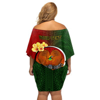 Personalized Papua New Guinea Chimbu Province Off Shoulder Short Dress Mix Coat Of Arms Polynesian Pattern LT05 - Polynesian Pride