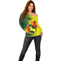 Papua New Guinea Oro Province Off Shoulder Sweater Mix Coat Of Arms Polynesian Pattern LT05 - Polynesian Pride