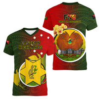 Papua New Guinea Eastern Highlands Province Women V Neck T Shirt Mix Coat Of Arms Polynesian Pattern LT05 - Polynesian Pride