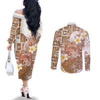 Tonga Christmas Couples Matching Off The Shoulder Long Sleeve Dress and Long Sleeve Button Shirt Kilisimasi Fiefia Retro Style Brown - Polynesian Pride