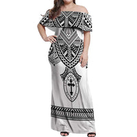 Personalised Melanesian Brotherhood Off Shoulder Maxi Dress With Tribal Pattern LT05 Women White - Polynesian Pride