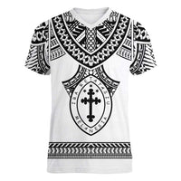 Personalised Melanesian Brotherhood Women V-Neck T-Shirt With Tribal Pattern LT05 Female White - Polynesian Pride