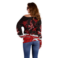 Polynesian Tribal Off Shoulder Sweater with Sharks Tattoo Red LT6 - Polynesian Pride