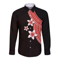 Polynesian Long Sleeve Button Shirt With Plumeria Flower Red LT6 Unisex Red - Polynesian Pride