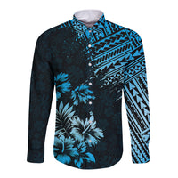 Hawaii Summer Long Sleeve Button Shirt Mix Polynesian Black-Blue LT6 Unisex Blue - Polynesian Pride