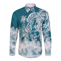 Polynesian Sea Turtle Long Sleeve Button Shirt Tribal LT6 Unisex Blue - Polynesian Pride