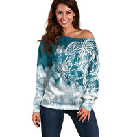Polynesian Sea Turtle Off Shoulder Sweater Tribal LT6 Women Blue - Polynesian Pride