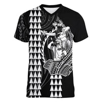 Polynesian Women V Neck T Shirt Hawaiian Warrior and Aloha Girl With Hammerhead Shark Tattoos White LT6 Female White - Polynesian Pride