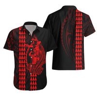 Polynesian Couples Matching Outfits Long Sleeve Dress And Long Sleeve Button Shirt Hawaiian Warrior and Aloha Girl With Hammerhead Shark Tattoos Red LT6 - Polynesian Pride