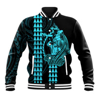 Polynesian Baseball Jacket Hawaiian Warrior and Aloha Girl With Hammerhead Shark Tattoos Light Blue LT6 Unisex Blue - Polynesian Pride