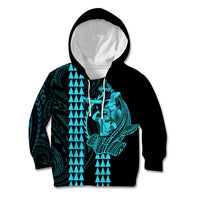 Polynesian Kid Hoodie Hawaiian Warrior and Aloha Girl With Hammerhead Shark Tattoos Light Blue LT6 Hoodie Blue - Polynesian Pride