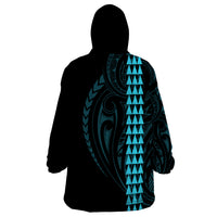 Polynesian Wearable Blanket Hoodie Hawaiian Warrior and Aloha Girl With Hammerhead Shark Tattoos Light Blue LT6 - Polynesian Pride