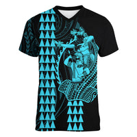 Polynesian Women V Neck T Shirt Hawaiian Warrior and Aloha Girl With Hammerhead Shark Tattoos Light Blue LT6 Female Blue - Polynesian Pride