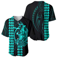 Polynesian Baseball Jersey Hawaiian Warrior and Aloha Girl With Hammerhead Shark Tattoos Turquoise LT6 - Polynesian Pride