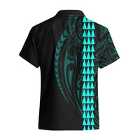 Polynesian Hawaiian Shirt Hawaiian Warrior and Aloha Girl With Hammerhead Shark Tattoos Turquoise LT6 - Polynesian Pride