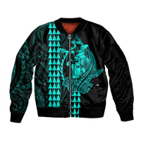 Polynesian Sleeve Zip Bomber Jacket Hawaiian Warrior and Aloha Girl With Hammerhead Shark Tattoos Turquoise LT6 Unisex Green - Polynesian Pride