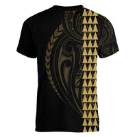 Polynesian Women V Neck T Shirt Hawaiian Warrior and Aloha Girl With Hammerhead Shark Tattoos Gold LT6 - Polynesian Pride