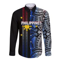 Custom Philippines Long Sleeve Button Shirt Polynesian Tribal Black LT6 Unisex Black - Polynesian Pride