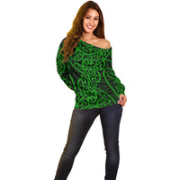 New Zealand Off Shoulder Sweater Maori Pattern Green LT6 - Polynesian Pride
