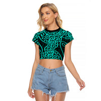 New Zealand Raglan Cropped T Shirt Maori Pattern Turquoise LT6 Female Green - Polynesian Pride
