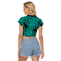 New Zealand Raglan Cropped T Shirt Maori Pattern Turquoise LT6 - Polynesian Pride