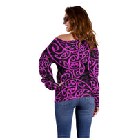 New Zealand Off Shoulder Sweater Maori Pattern Purple LT6 - Polynesian Pride