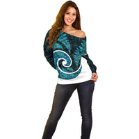 New Zealand Off Shoulder Sweater Maori With Silver Fern Papua Shell Green Ver.1 LT6 - Polynesian Pride