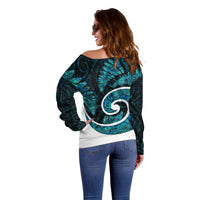 New Zealand Off Shoulder Sweater Maori With Silver Fern Papua Shell Green Ver.1 LT6 - Polynesian Pride