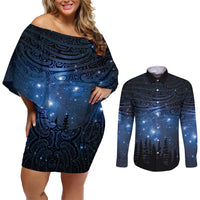Matariki Te Tau Hou Māori Couples Matching Off Shoulder Short Dress and Long Sleeve Button Shirt New Zealand Starry Sky LT7 Galaxy - Polynesian Pride