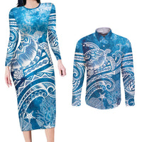 World Ocean Day Polynesian Pattern Couples Matching Long Sleeve Bodycon Dress and Long Sleeve Button Shirt Crystal Waves LT7 Blue - Polynesian Pride