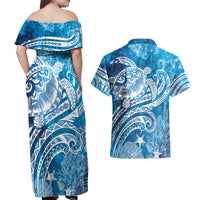 World Ocean Day Polynesian Pattern Couples Matching Off Shoulder Maxi Dress and Hawaiian Shirt Crystal Waves LT7 - Polynesian Pride