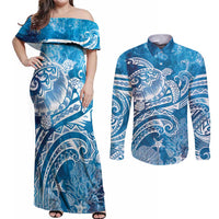 World Ocean Day Polynesian Pattern Couples Matching Off Shoulder Maxi Dress and Long Sleeve Button Shirt Crystal Waves LT7 Blue - Polynesian Pride