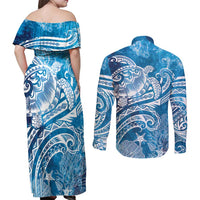World Ocean Day Polynesian Pattern Couples Matching Off Shoulder Maxi Dress and Long Sleeve Button Shirt Crystal Waves LT7 - Polynesian Pride